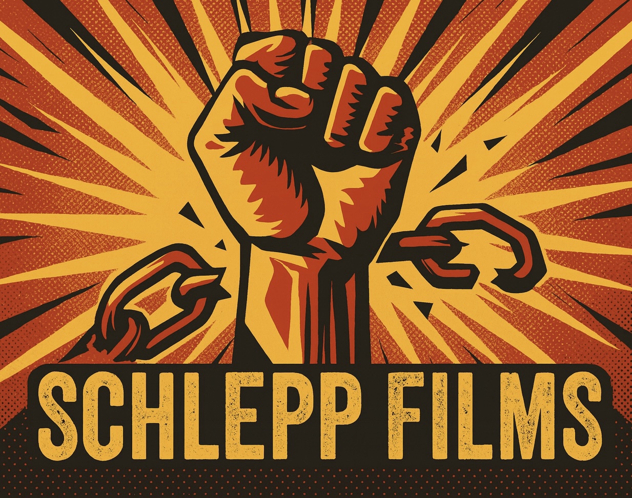 Schlepp Films artwork: a raised fist breaking a chain against gold and red rays